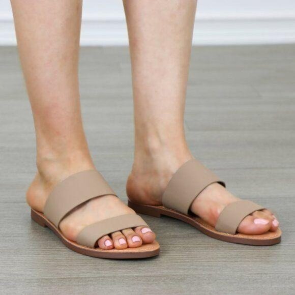 Slip On 2 Strap Flat Sandal Tan Faux Leather - Picture 7 of 8